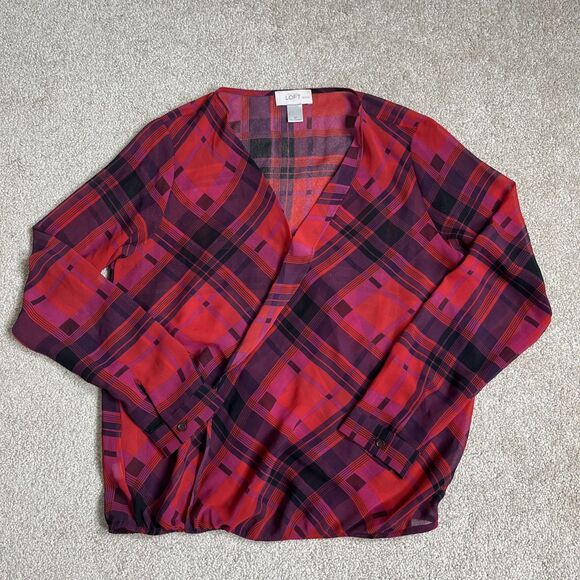 Ann Taylor LOFT Red Plaid Sheer V-Neck Blouse‎ Faux Wrap Sz SP Petite S - Picture 1 of 6